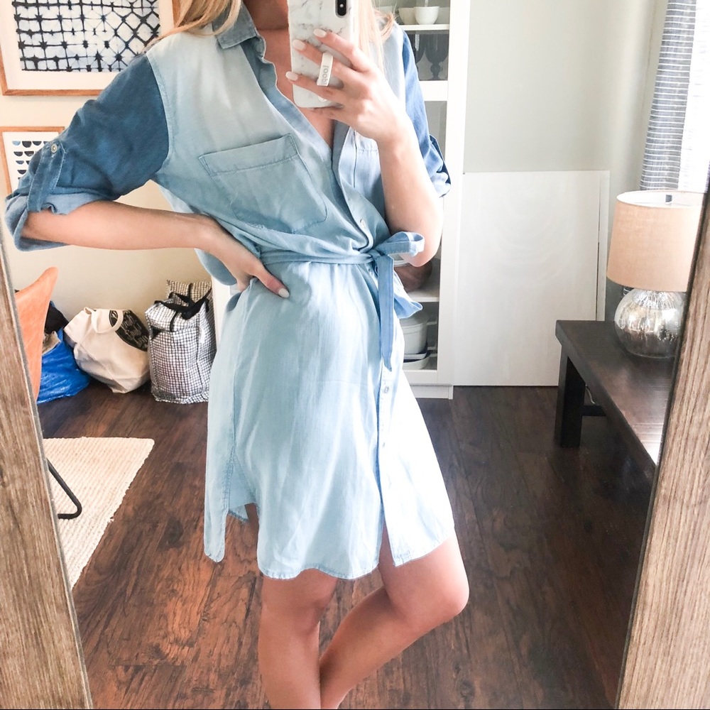 Color Block Button Front Chambray Dress